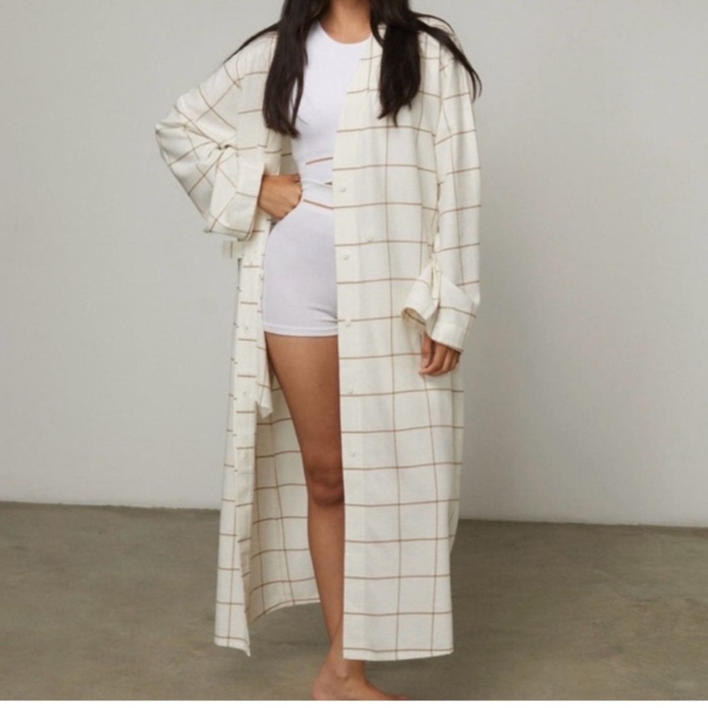 Lunya Pima Cotton Blend Long Cream Check Lounge Robe